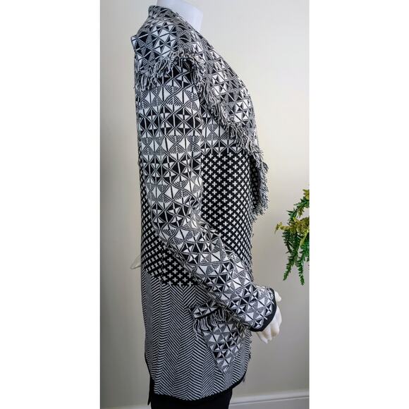 NEW Jillian Nicole Cardigan Large Black White Mixed Pattern Fringed Open Pockets - Picture 5 of 11